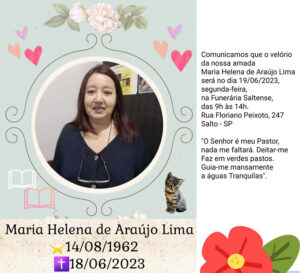 Leia mais sobre o artigo Nota de falecimento de Maria Helena de Araújo Lima, de 60 anos